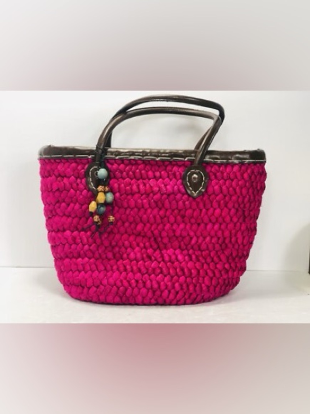 Limited Edition Hot Pink Woven Straw Boho Summer Beach Basket Beaded Charm Tote